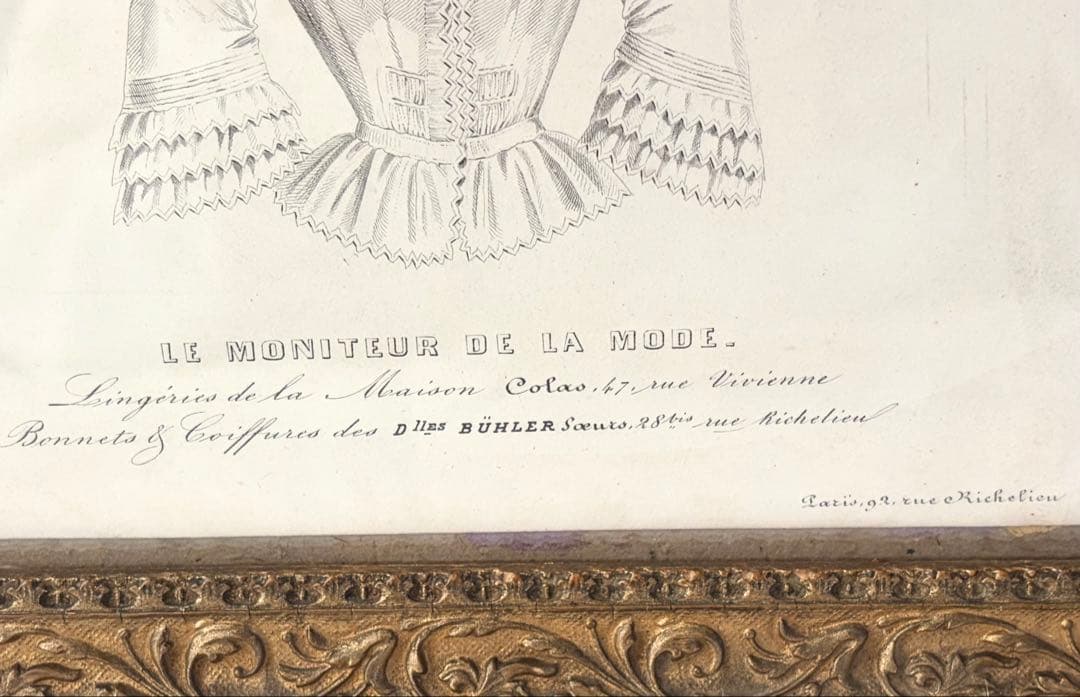 フランスアンティーク ファッションプレート 額 ガラス付き フレーム イラスト