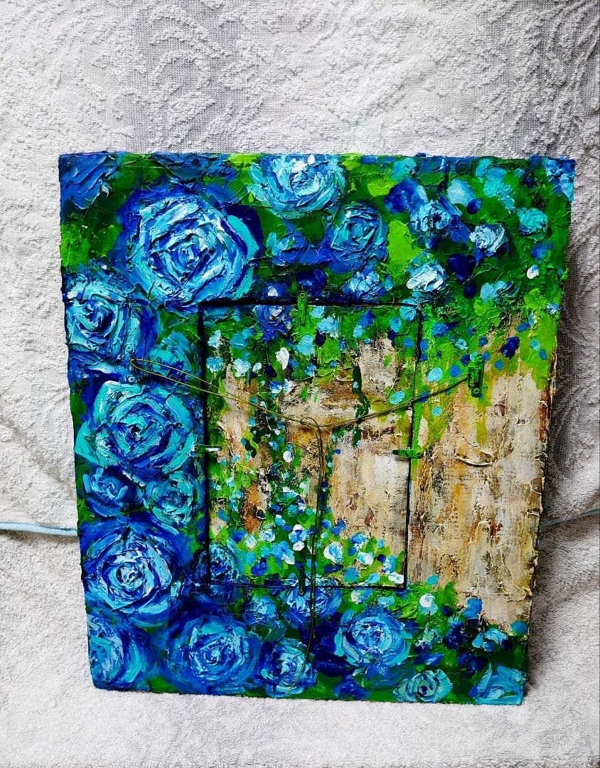 油絵 絵画【猫と青い薔薇】