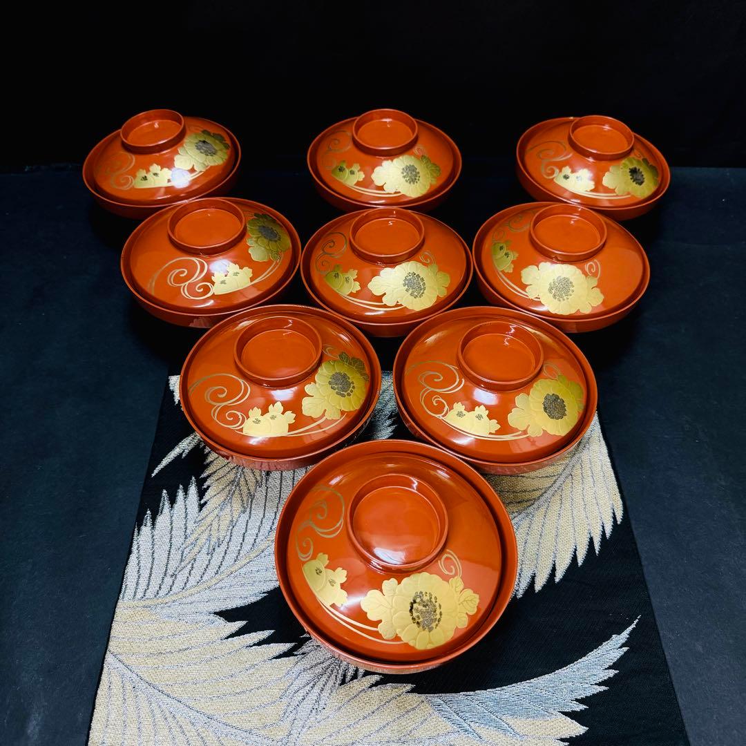 漆器　輪島塗　沈金　金蒔絵　木製　蓋付椀　お煮物椀　吸物椀　9客