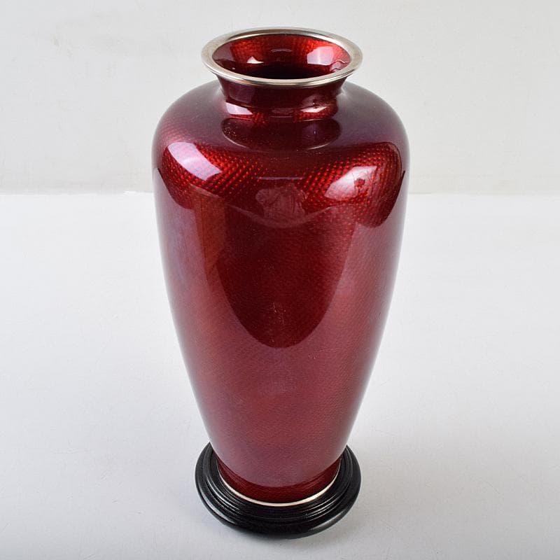 七宝焼　赤透釉　薔薇文　花瓶　唐木台・時代箱付　V　R9466