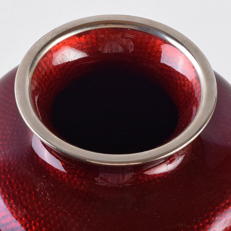 七宝焼　赤透釉　薔薇文　花瓶　唐木台・時代箱付　V　R9466