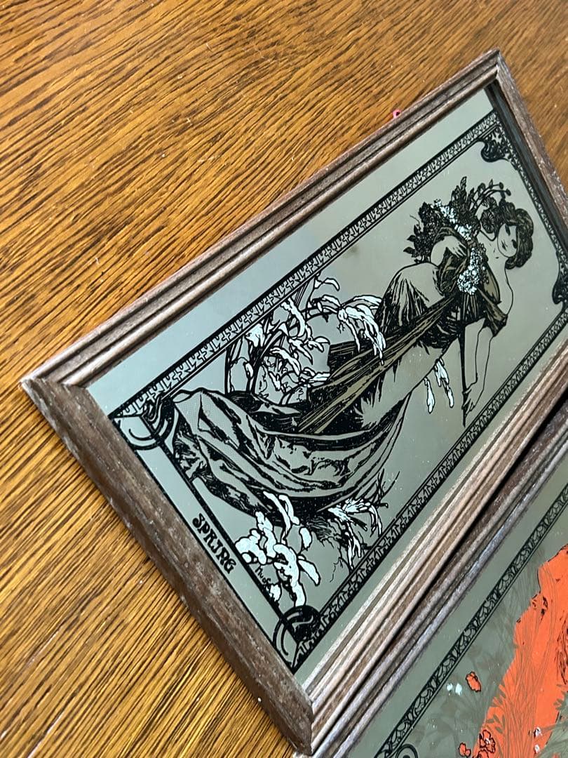 英国　ヴィンテージ 木製フレーム　ウォールミラー　サマー　スプリング　2枚