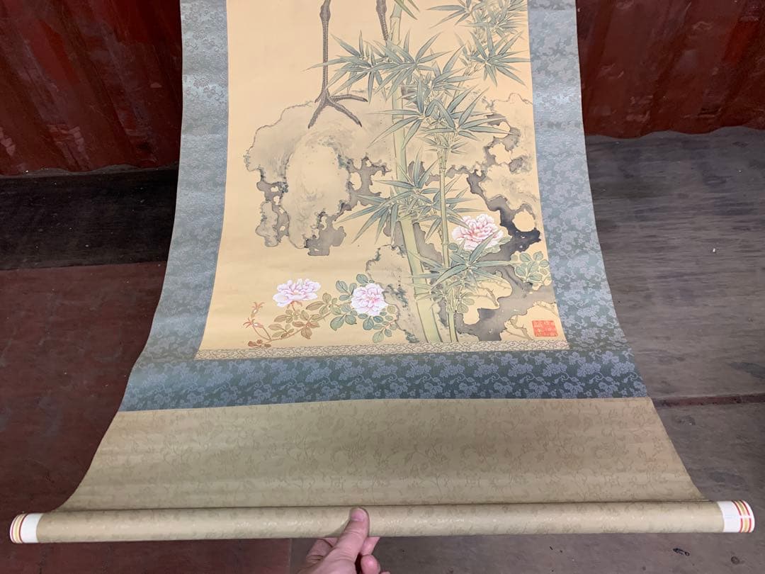 『6834』岸浪柳渓 日本画 掛軸 絹本 二重箱 竹に鶴 南宗画の大家