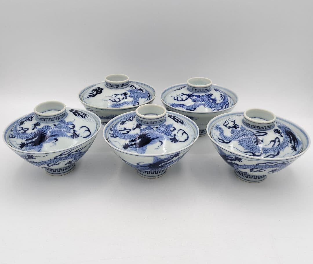 a981 蓋付碗　5客組 染付 龍の絵 爪5本 宝珠 祖母懐 古物 懐石 会席