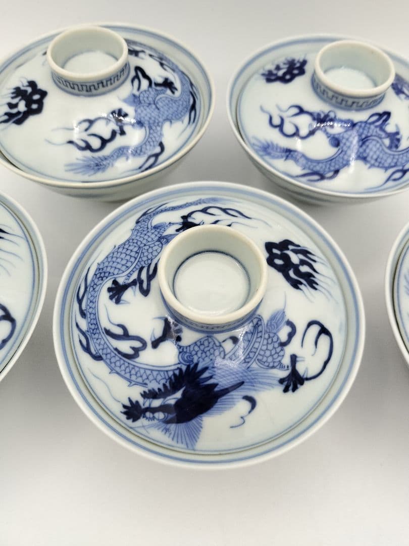 a981 蓋付碗　5客組 染付 龍の絵 爪5本 宝珠 祖母懐 古物 懐石 会席