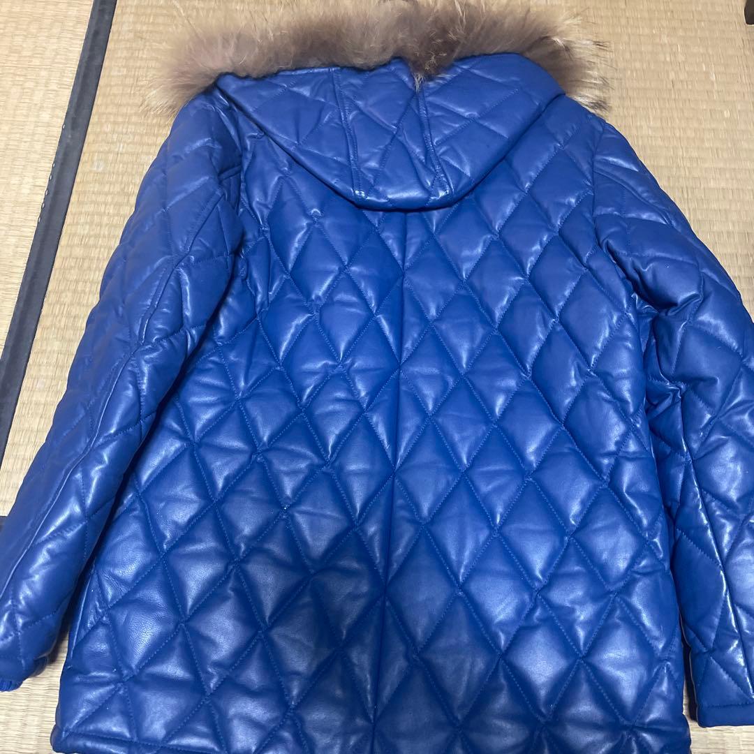ゆうぽむぷりん高級本革 羊革 青　レザー キルティング ダイヤ ジャケット