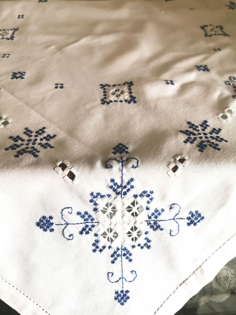 アンティーク 北欧ハーダンガーレース刺繍 大判クロス ブルーワーク✵ 雪の結晶