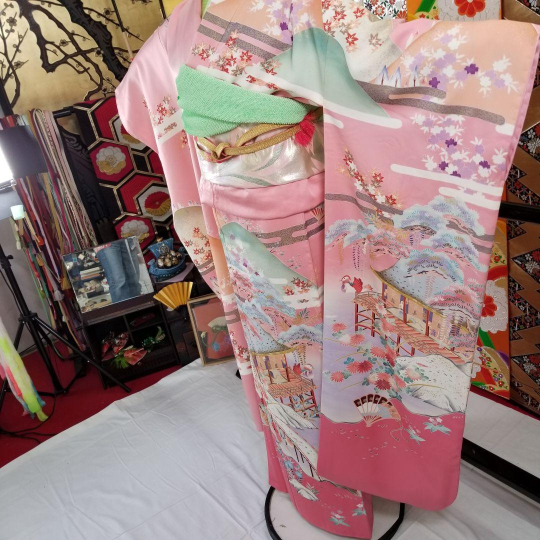 Fs112st あぜくら豪華可愛い振袖 屋敷と景観柄 金糸 正絹