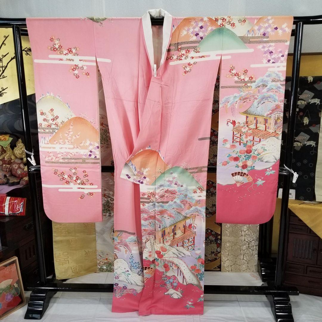 Fs112st あぜくら豪華可愛い振袖 屋敷と景観柄 金糸 正絹