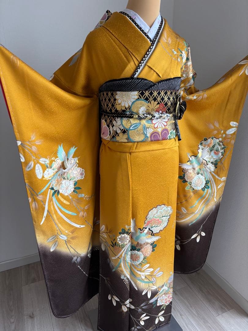 【夏の特別大特価！／8.27迄】⭐️振袖フルセット（７点） 正絹　成人式　山吹色