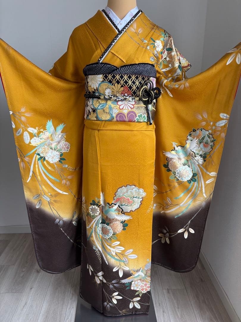 【夏の特別大特価！／8.27迄】⭐️振袖フルセット（７点） 正絹　成人式　山吹色