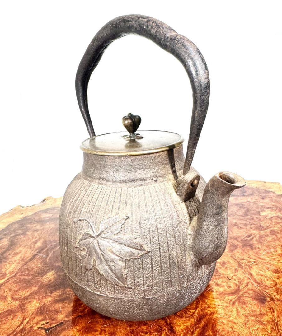 明治時代 金寿堂 描金銀葉 唐銅蓋鉄瓶 本体在銘 急須 茶壺 稀少WWST038