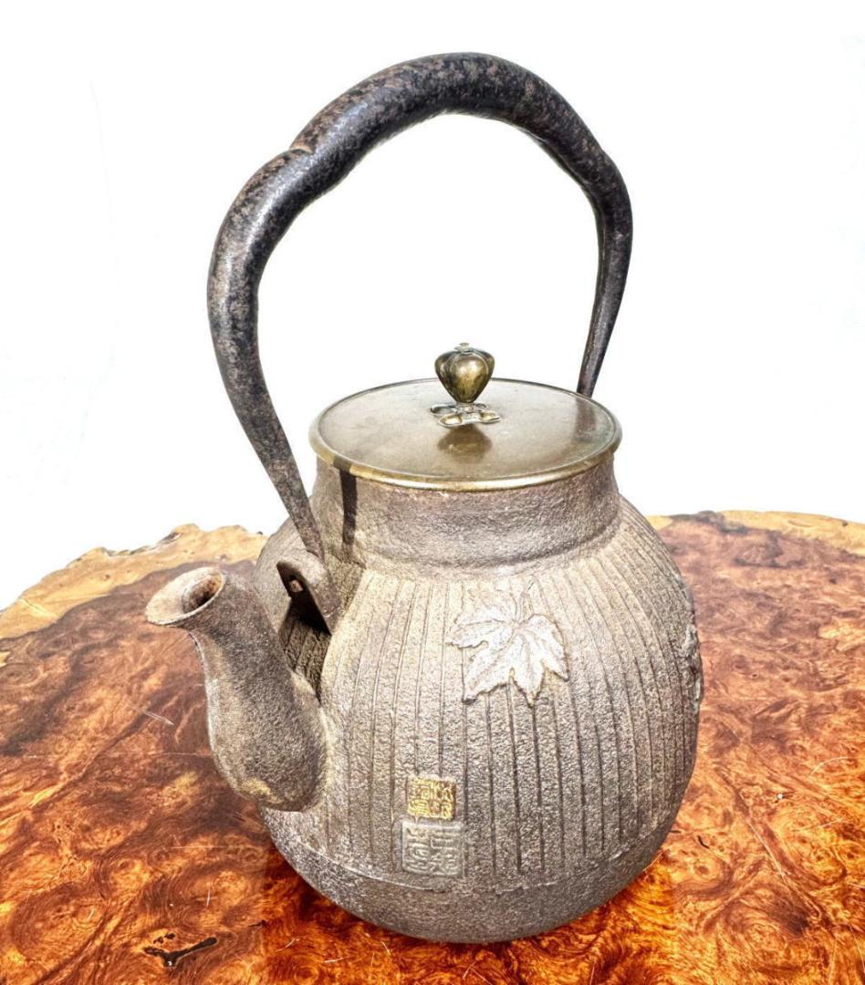 明治時代 金寿堂 描金銀葉 唐銅蓋鉄瓶 本体在銘 急須 茶壺 稀少WWST038