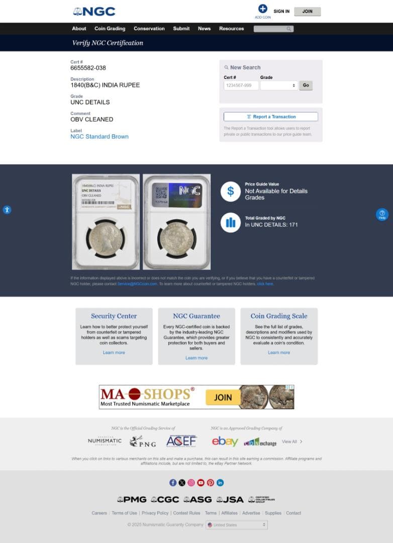 NGC-UNC　洗浄　イギリス領インド　ヴィクトリア　銀貨　1840（B&C）