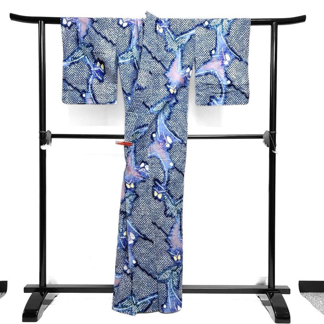 浴衣　有松鳴海絞り　蝶　ライトブルー　グラデーション着物　034a d