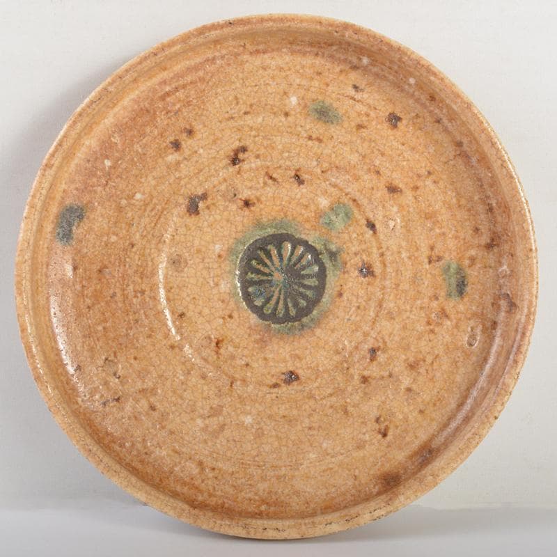 人間国宝　荒川豊蔵作　黄瀬戸　菊紋皿　共布　鵬雲斎極め箱　M　R6945