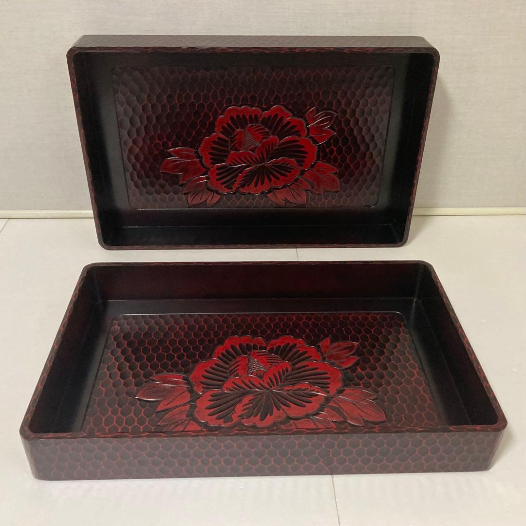 鎌倉彫 乱れ籠 衣装籠 盆 トレイ 2枚組 収納 木製 彫刻 漆塗 花柄 レトロ