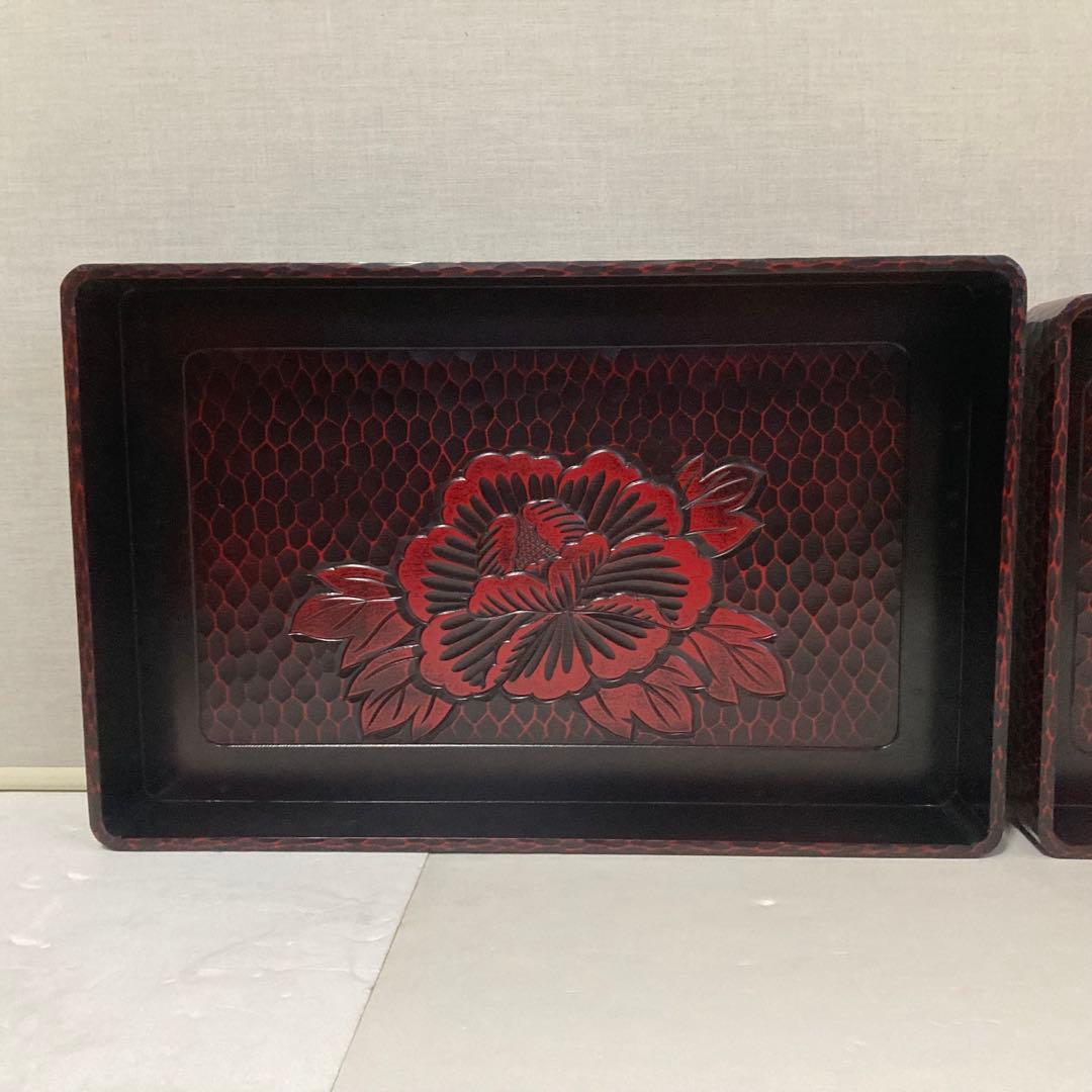 鎌倉彫 乱れ籠 衣装籠 盆 トレイ 2枚組 収納 木製 彫刻 漆塗 花柄 レトロ