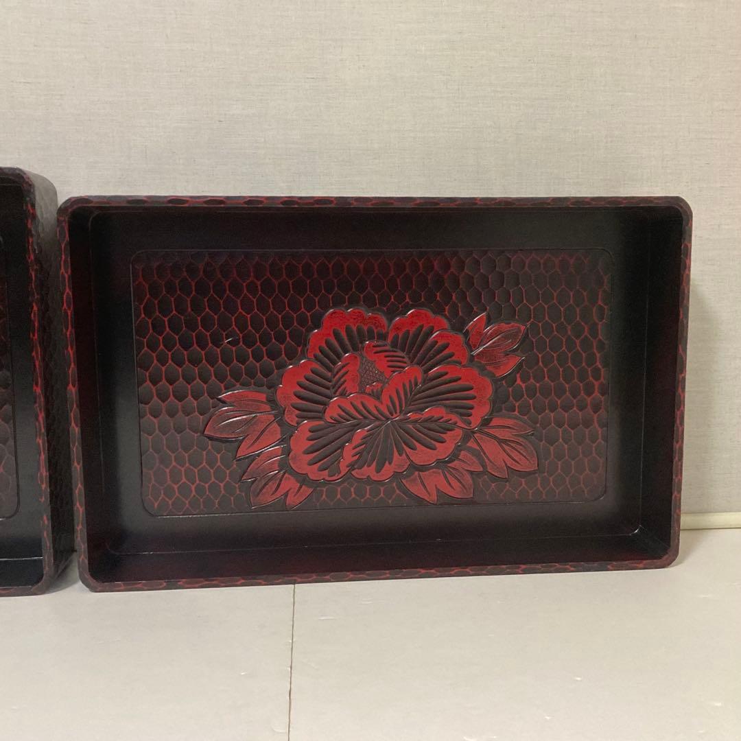 鎌倉彫 乱れ籠 衣装籠 盆 トレイ 2枚組 収納 木製 彫刻 漆塗 花柄 レトロ