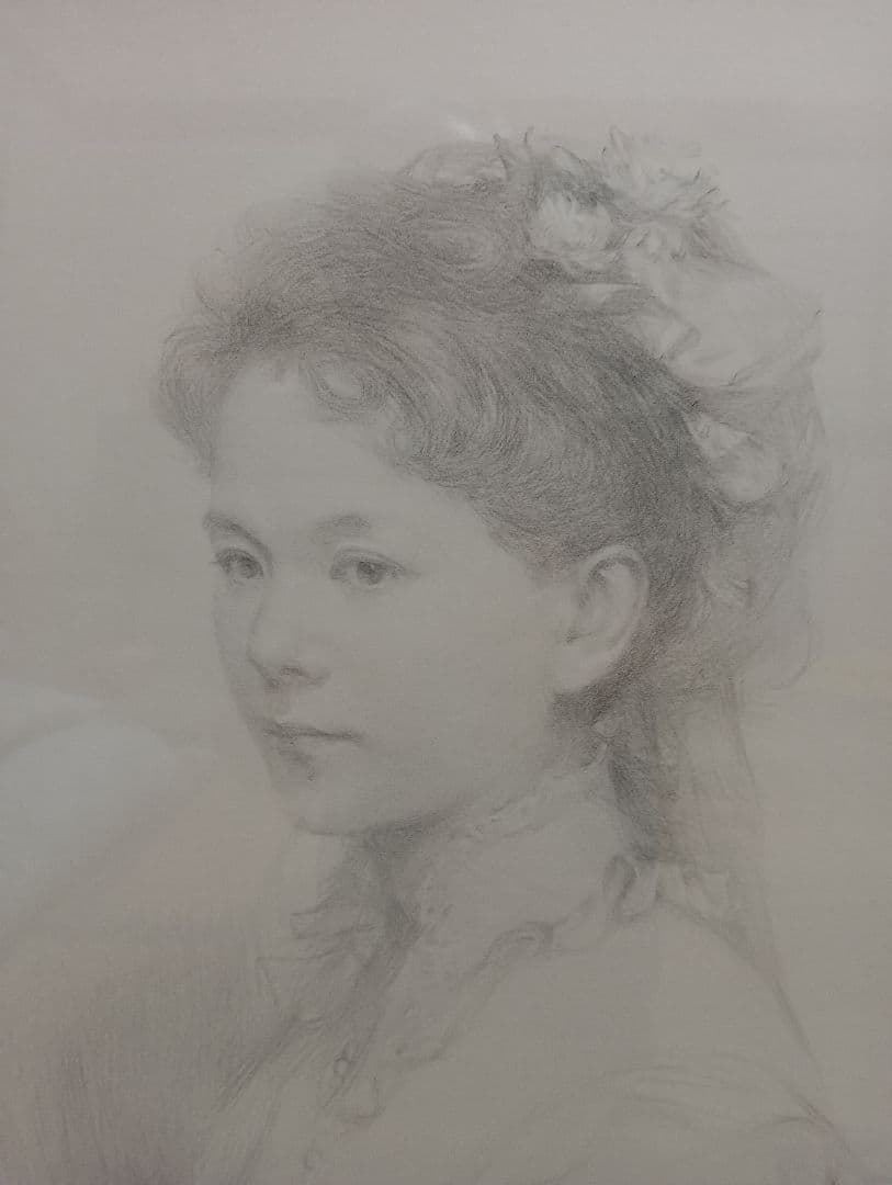 中山忠彦の鉛筆画「優しき相貌Ⅲ-C」 金装飾額入り