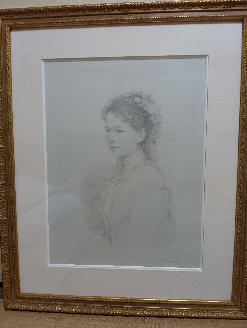 中山忠彦の鉛筆画「優しき相貌Ⅲ-C」 金装飾額入り