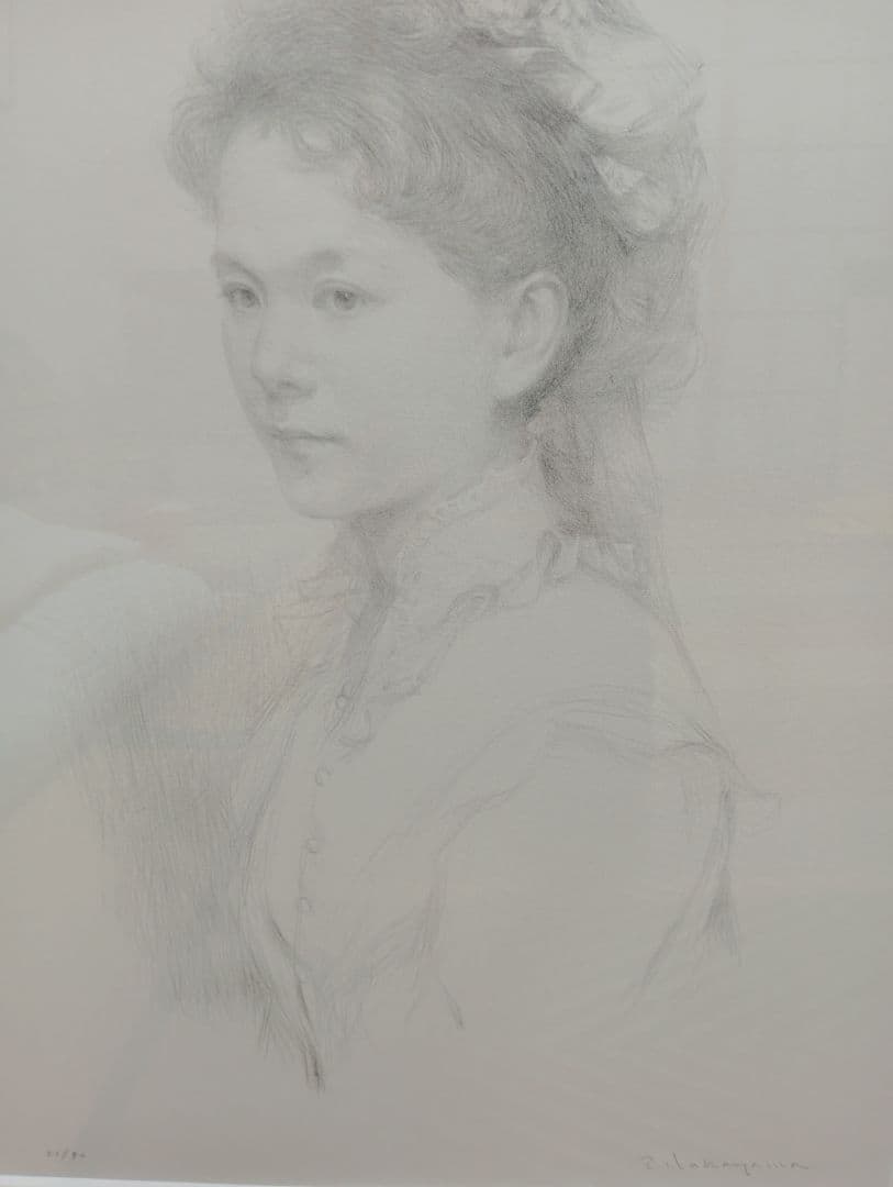 中山忠彦の鉛筆画「優しき相貌Ⅲ-C」 金装飾額入り