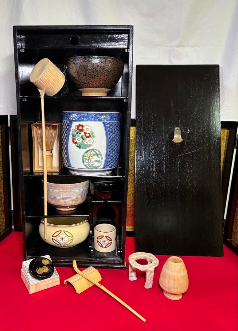 利久好み 黒漆 短冊箱 14点 水差 茶碗 建水 棗 柄杓 香合 五徳 茶道具