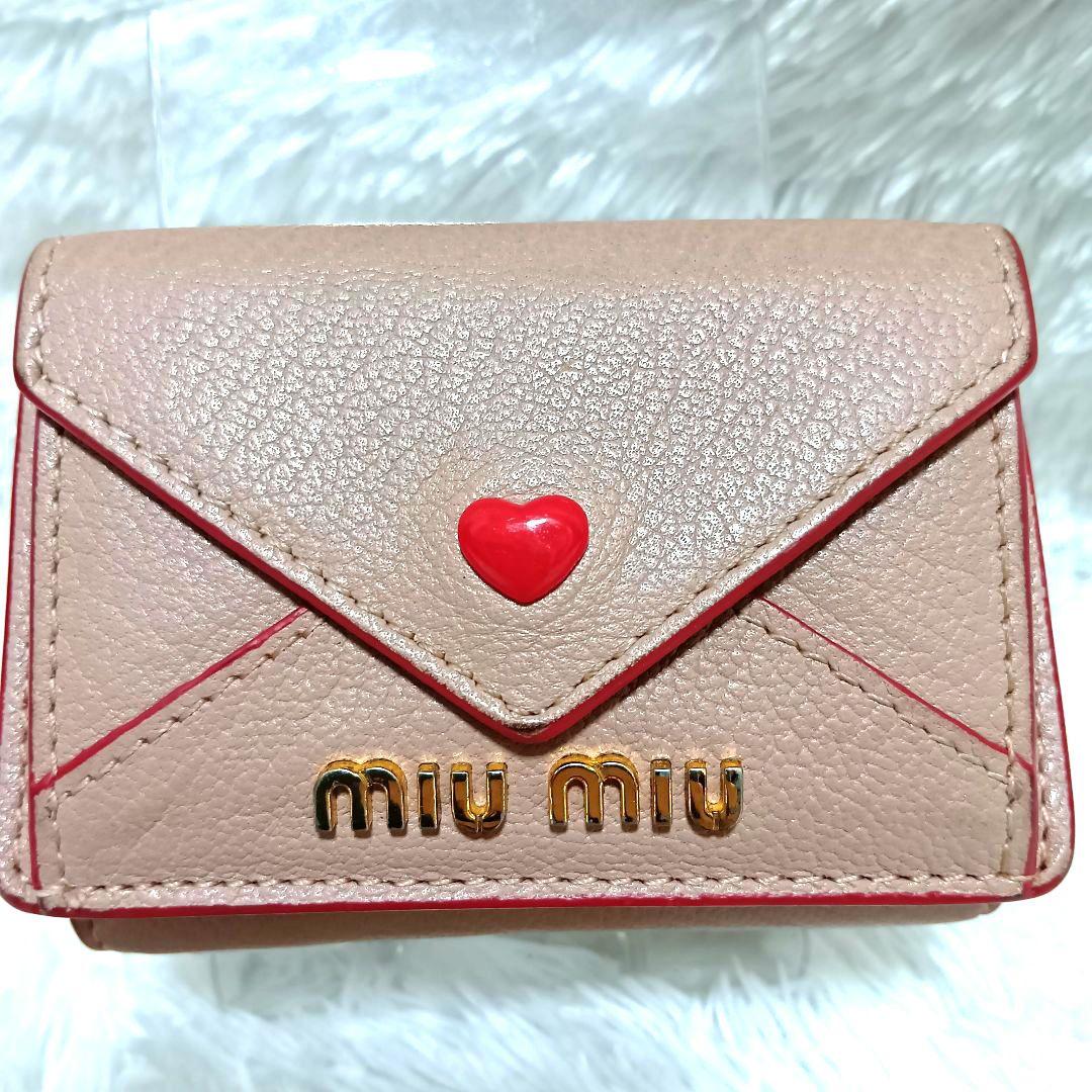 ミュウミュウ　三つ折り財布　マドラスラブ　ハート　ピンク　レザー　 正規品