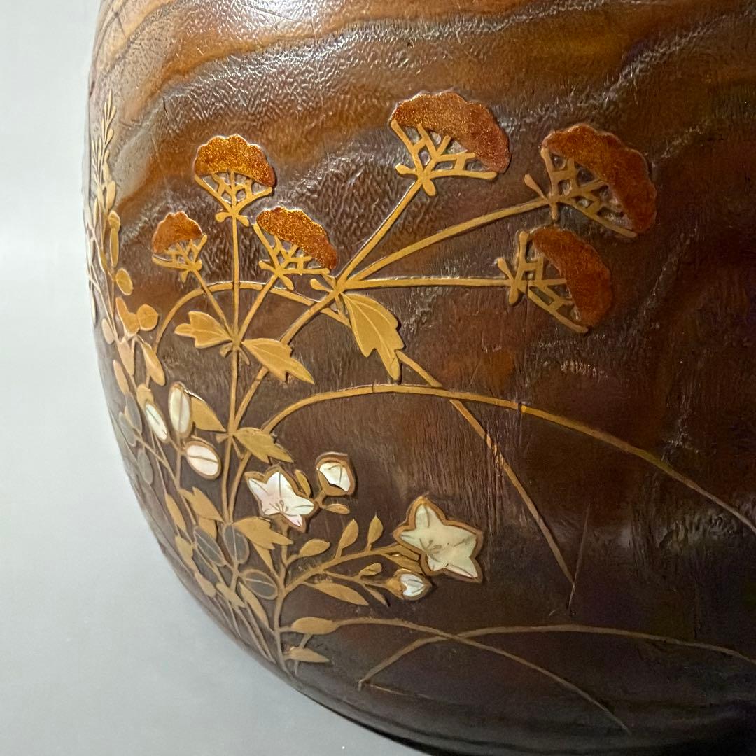 桐材 秋草蒔絵 火鉢 虫の音 螺鈿 陽刻 梨地