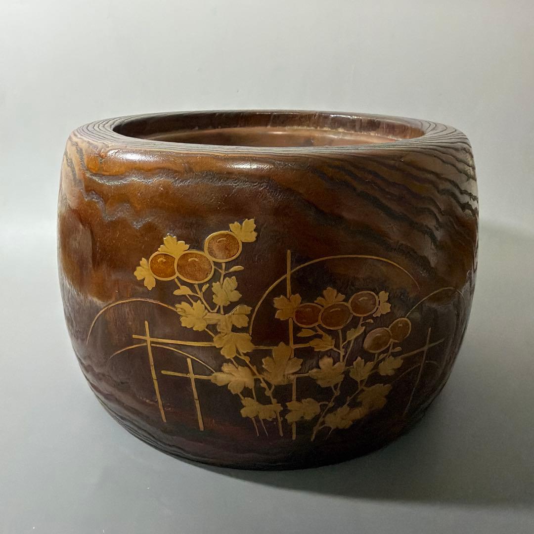 桐材 秋草蒔絵 火鉢 虫の音 螺鈿 陽刻 梨地