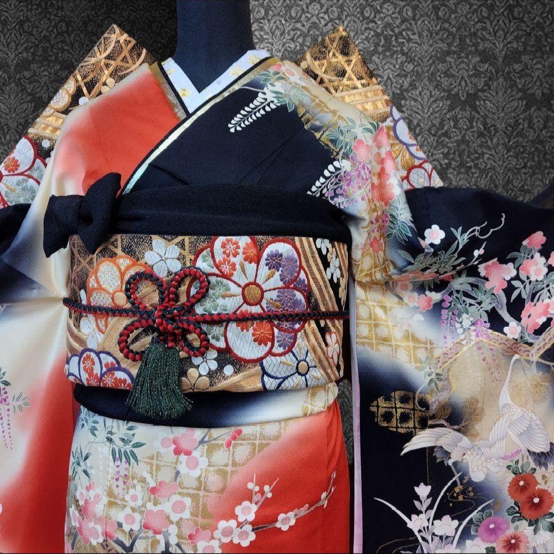 最終価格☆振袖フルセット(6点)・古典柄・金彩加工・舞鶴・胴裏正絹・正絹