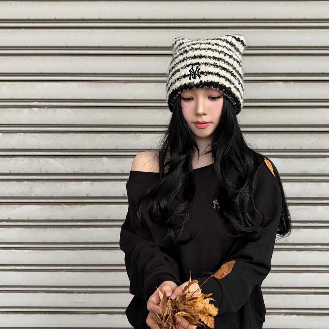 MLB aespa カリナ着用 猫耳ニット帽 ビーニー