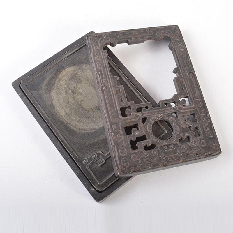 中国　細密彫刻　書道具　端渓硯　装飾端渓雕盒　M　7758E