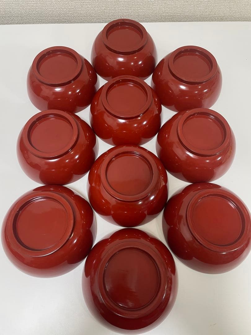 漆器 朱色 椀 10客 金縁 輪島塗 吸物椀 蓋付 無地 アンティーク レトロ