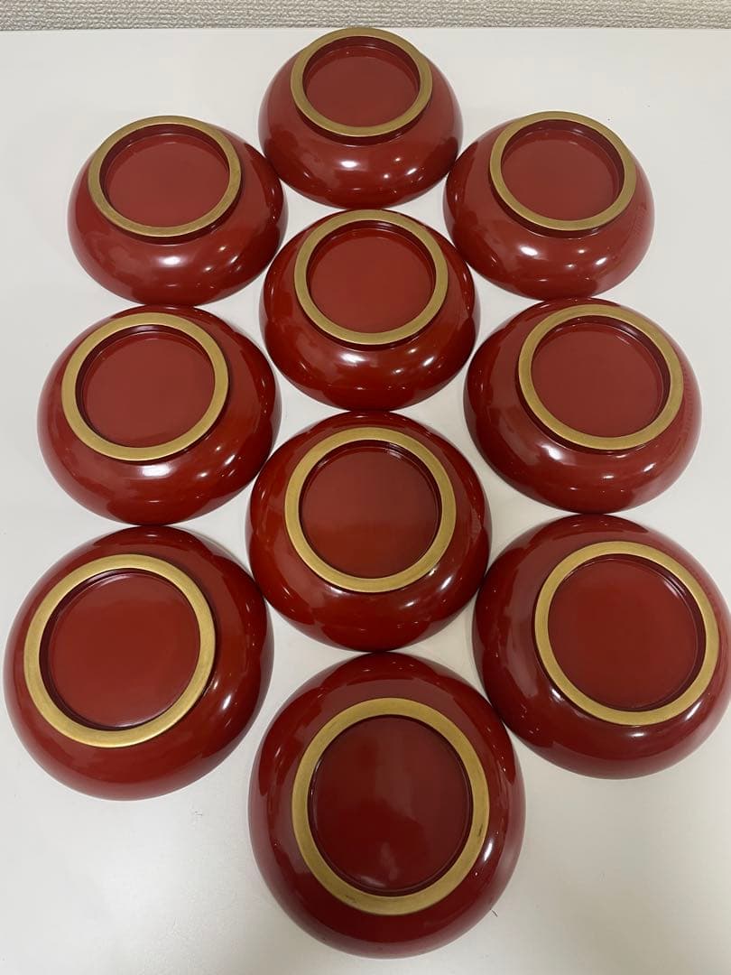 漆器 朱色 椀 10客 金縁 輪島塗 吸物椀 蓋付 無地 アンティーク レトロ