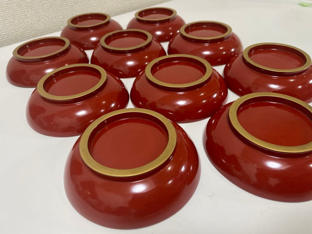 漆器 朱色 椀 10客 金縁 輪島塗 吸物椀 蓋付 無地 アンティーク レトロ