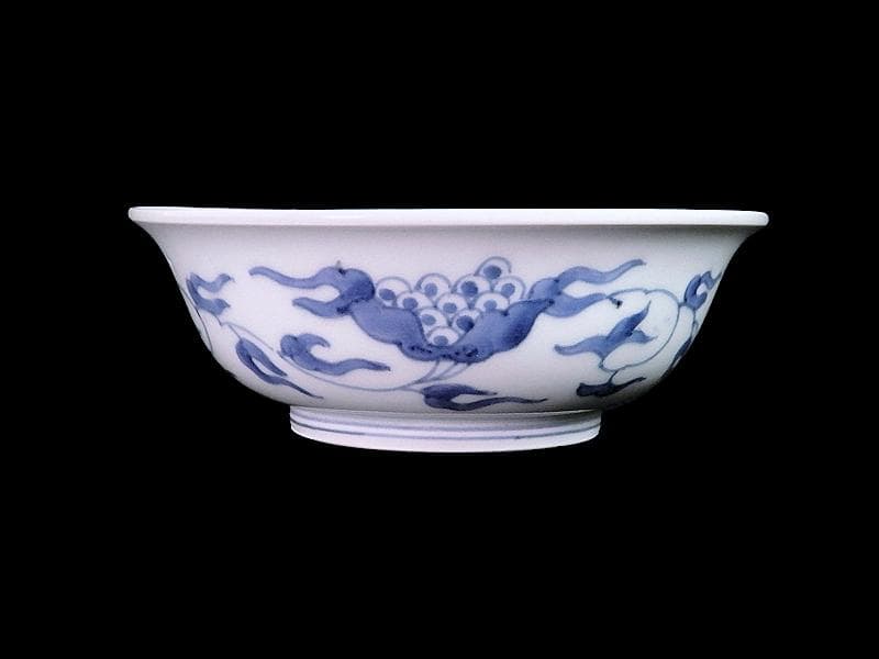 古伊万里　染付　七宝繋ぎ紋に龍の図　膾皿　５客　江戸期　A050AS-CKk