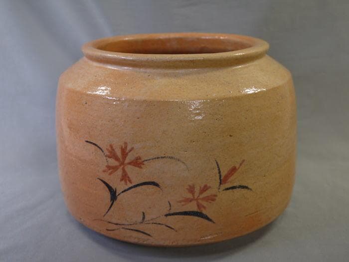 大樋焼　手焙　撫子文　秋の七草　無傷美品　径22.5cm　H16cm 合わせ箱