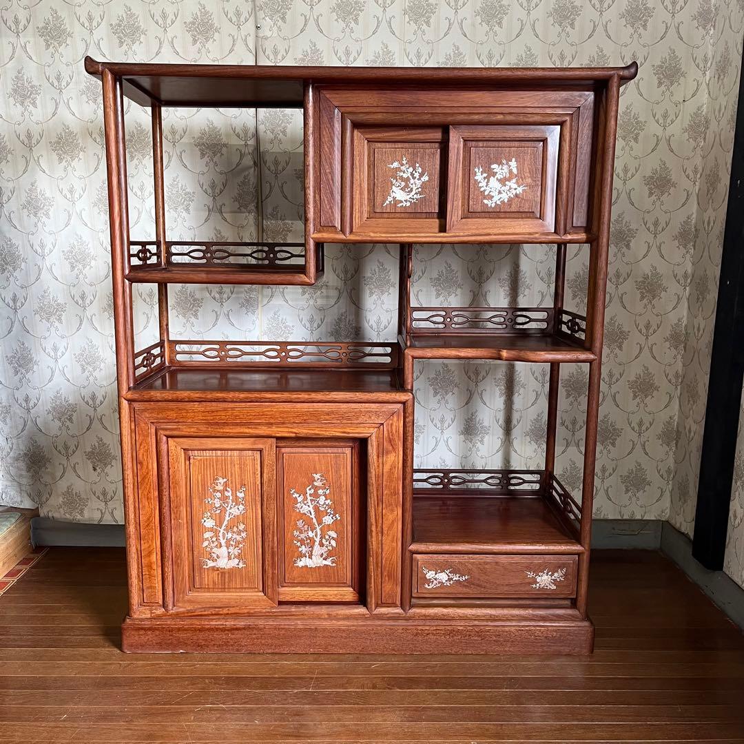 【アンティーク】中国家具 天然木 無垢材 茶箪笥 飾り棚 唐木 螺鈿細工 古家具