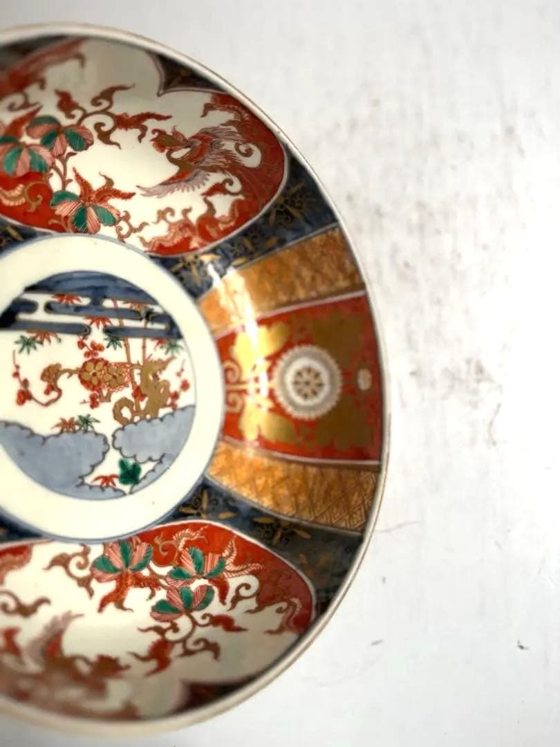 517 骨董 アンティーク 古伊万里 染付 色絵金彩窓絵鳳凰図8寸鉢 富貴長春