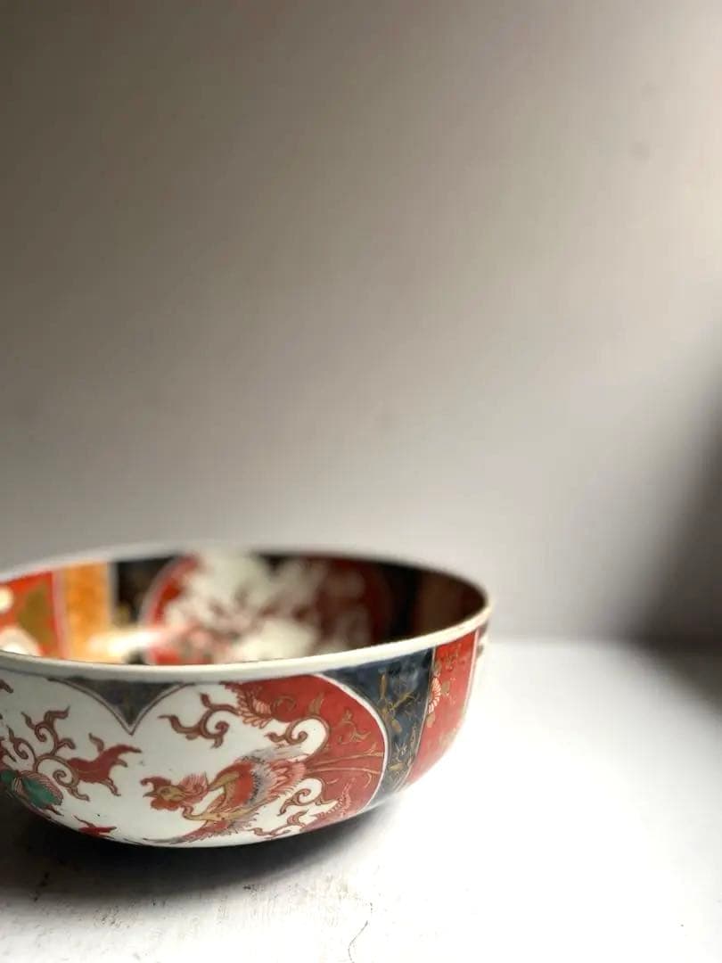 517 骨董 アンティーク 古伊万里 染付 色絵金彩窓絵鳳凰図8寸鉢 富貴長春