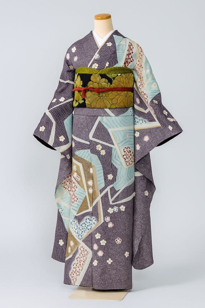 [作家物] 振袖　正絹　成人式　結婚式　紫　水色　たたき　高身長　縮緬　卒業式