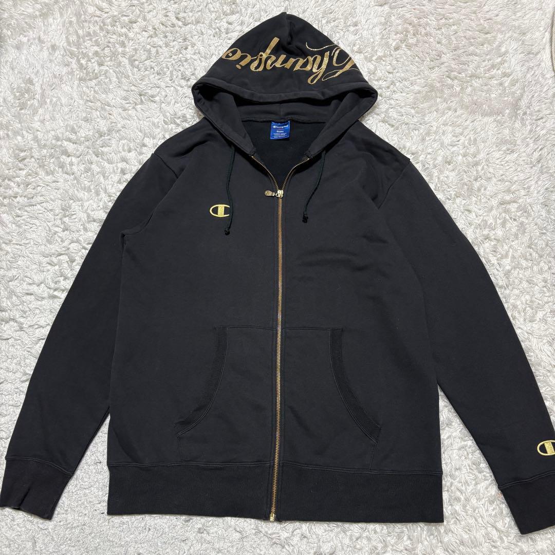 【希少】チャンピオン パーカーセットアップ　デカロゴ　XL 黒金 y2k 00'