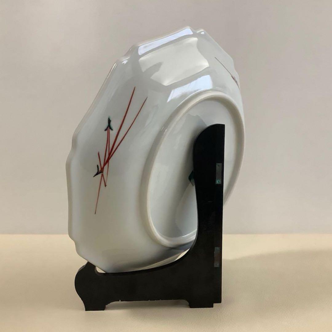 【九谷焼/美陶園/飾皿】万年青(おもと) 九角形 10寸 皿立・共箱付き