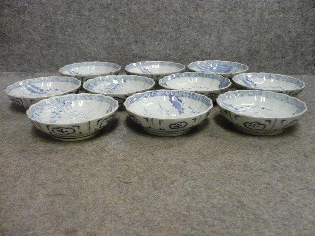 伊万里焼染付線描き海辺風景図なます皿10枚 [B31638]