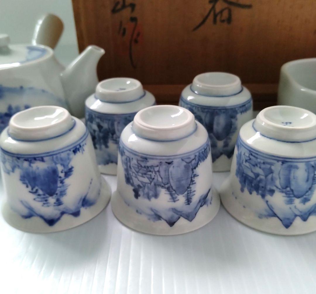 骨董 骨董品 呉須 染付 山水図 茶器揃 茶器 急須 湯冷まし 湯呑み 手描き
