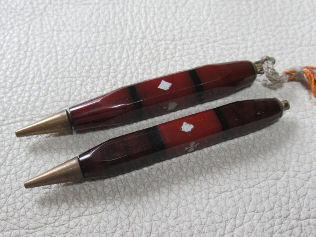 美品大正時代英国製◆フォーリン 茶黒トランプ柄 セルロイド製 先端回転式ペンシル