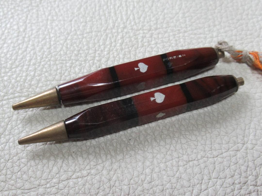 美品大正時代英国製◆フォーリン 茶黒トランプ柄 セルロイド製 先端回転式ペンシル