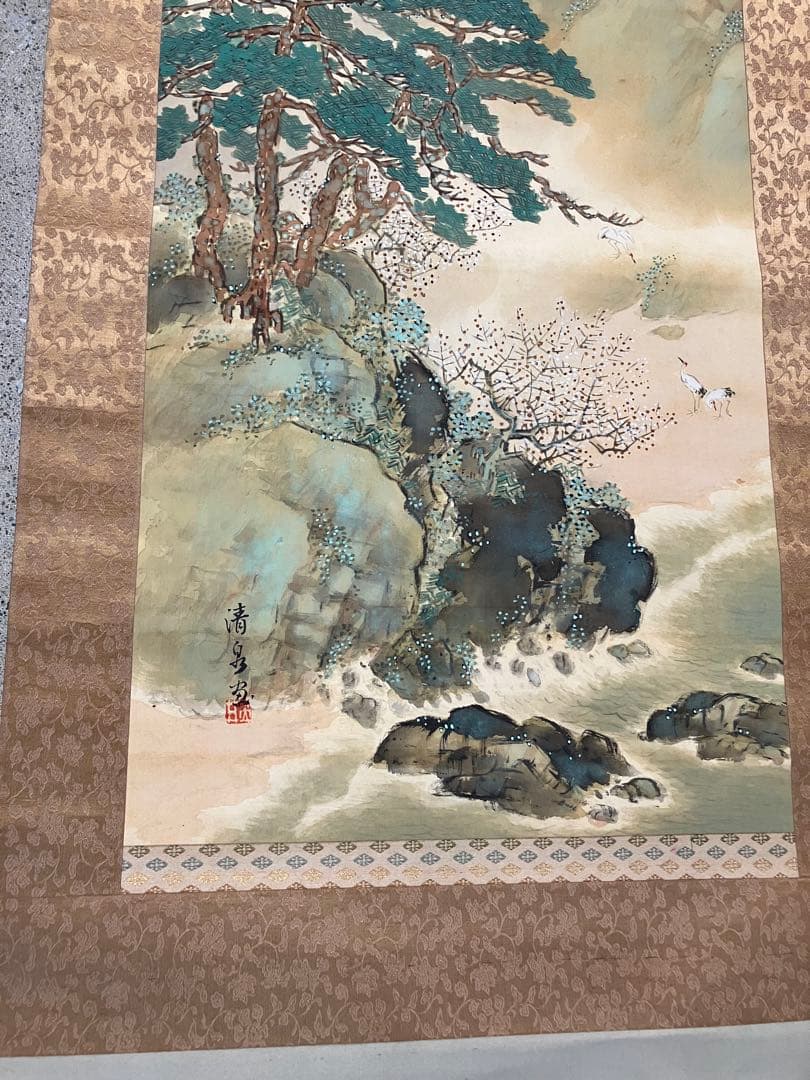 清泉筆　山水画の二幅一対掛軸