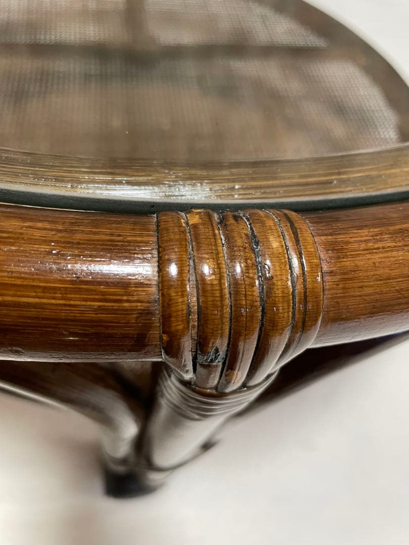 ラタン キャスター付き ガラステーブル コーヒーテーブル アジアン ビンテージ